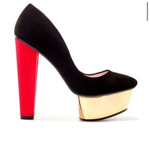 ZARA Charlotte Olympia Black Red Suede Gold Platform Heels‎ women’s 37 / 6.5 US